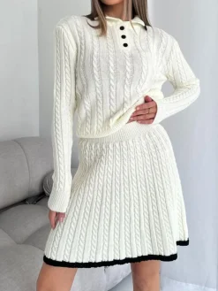 Contrast Trim Cable-Knit Lapel Skirt Set