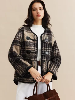 Contrast Trim Checked Tweed Coat