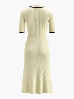Contrast Trim Collared Rib Knit Short Sleeve Midi Dress