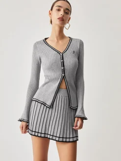 Contrast Trim Curved Cardigan With Matching Pleat Mini Skirt