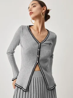 Contrast Trim Curved Cardigan With Matching Pleat Mini Skirt