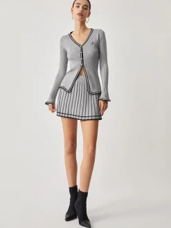 Contrast Trim Curved Cardigan With Matching Pleat Mini Skirt