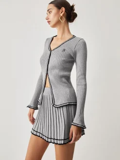 Contrast Trim Curved Cardigan With Matching Pleat Mini Skirt