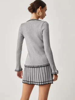 Contrast Trim Curved Cardigan With Matching Pleat Mini Skirt