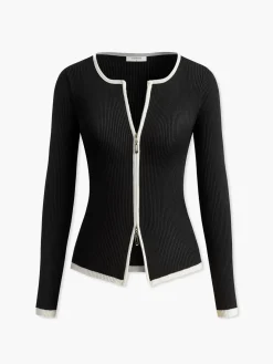 Contrast Trim Double-Zipper Knit Top