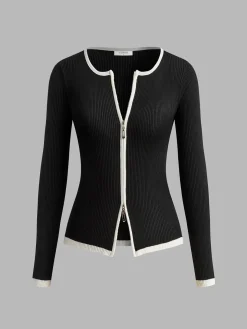 Contrast Trim Double-Zipper Knit Top