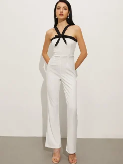 Contrast Trim Halter Bow Jumpsuit