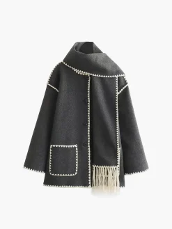 Contrast Trim Jacket With Matching Scarf