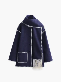 Contrast Trim Jacket With Matching Scarf