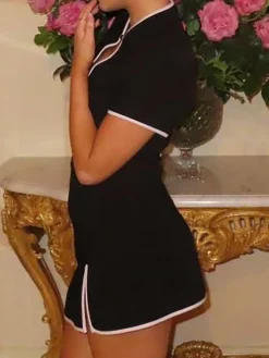Contrast Trim Keyhole Neckline Dress