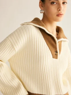 Contrast Trim Lapel Button Sweater