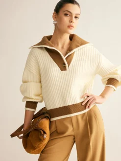 Contrast Trim Lapel Button Sweater