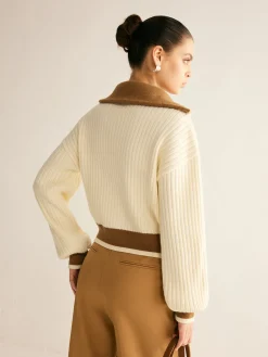 Contrast Trim Lapel Button Sweater