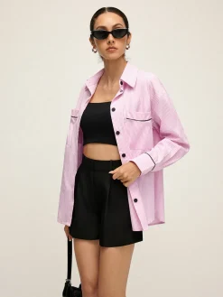 Contrast Trim Lapel Pinstripe Shirt