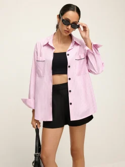 Contrast Trim Lapel Pinstripe Shirt