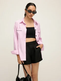 Contrast Trim Lapel Pinstripe Shirt