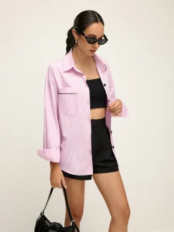 Contrast Trim Lapel Pinstripe Shirt