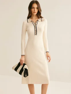 Contrast Trim Lapel Sweater Dress
