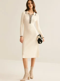 Contrast Trim Lapel Sweater Dress