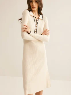 Contrast Trim Lapel Sweater Dress