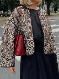 Contrast Trim Leopard Printed Winter Coat