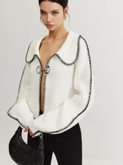 Contrast Trim Magnet Closure Knit Top