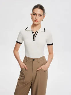 Contrast Trim Metal Button Knit Top