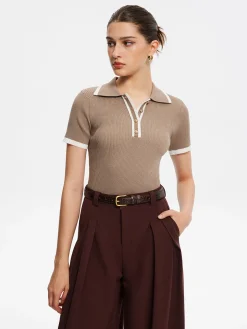 Contrast Trim Metal Button Knit Top