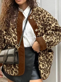 Contrast Trim Minky Leopard Jacket