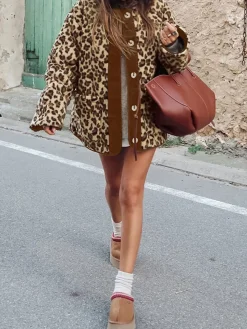 Contrast Trim Minky Leopard Jacket