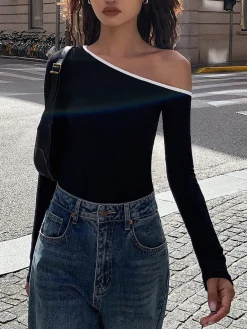 Contrast Trim Off Shoulder Long Sleeve Shirt