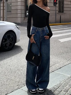 Contrast Trim Off Shoulder Long Sleeve Shirt