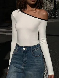 Contrast Trim Off Shoulder Long Sleeve Shirt