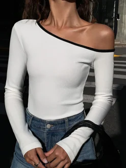 Contrast Trim Off Shoulder Long Sleeve Shirt