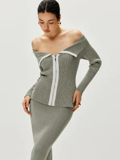 Contrast Trim Off Shoulder Cardigan