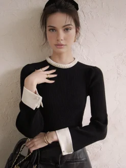 Contrast Trim Pearl-Detail Sweater