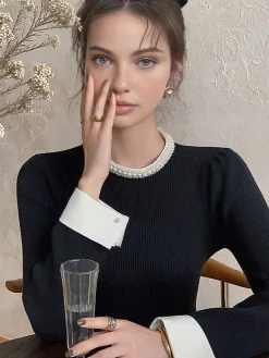 Contrast Trim Pearl-Detail Sweater