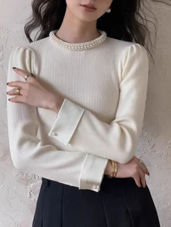 Contrast Trim Pearl-Detail Sweater