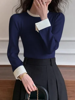 Contrast Trim Pearl-Detail Sweater
