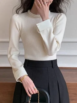 Contrast Trim Pearl-Detail Sweater