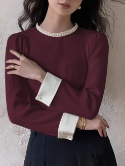 Contrast Trim Pearl-Detail Sweater