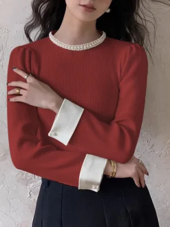 Contrast Trim Pearl-Detail Sweater