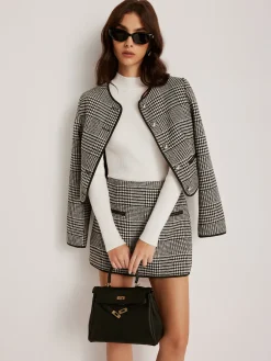 Contrast Trim Plaid Button Jacket