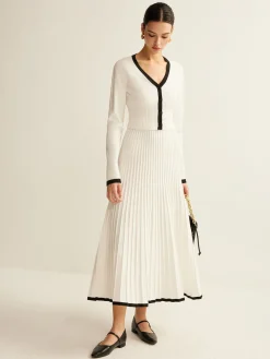 Contrast Trim Pleated Knit Skirt Set