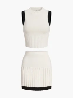 Contrast Trim Pleated Mini Sweater Skirt Set