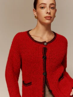Contrast Trim Pockets Button Cardigan
