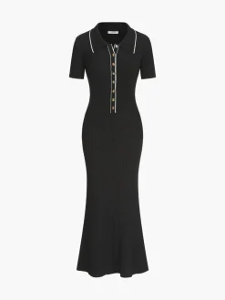 Contrast Trim Polo Long Knit Dress