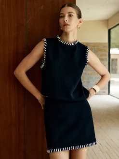 Contrast Trim Sleeveless Skirt Set