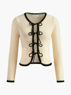 Contrast Trim Slim Tie Knit Top