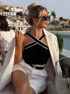 Contrast Trim Strap Knit Top